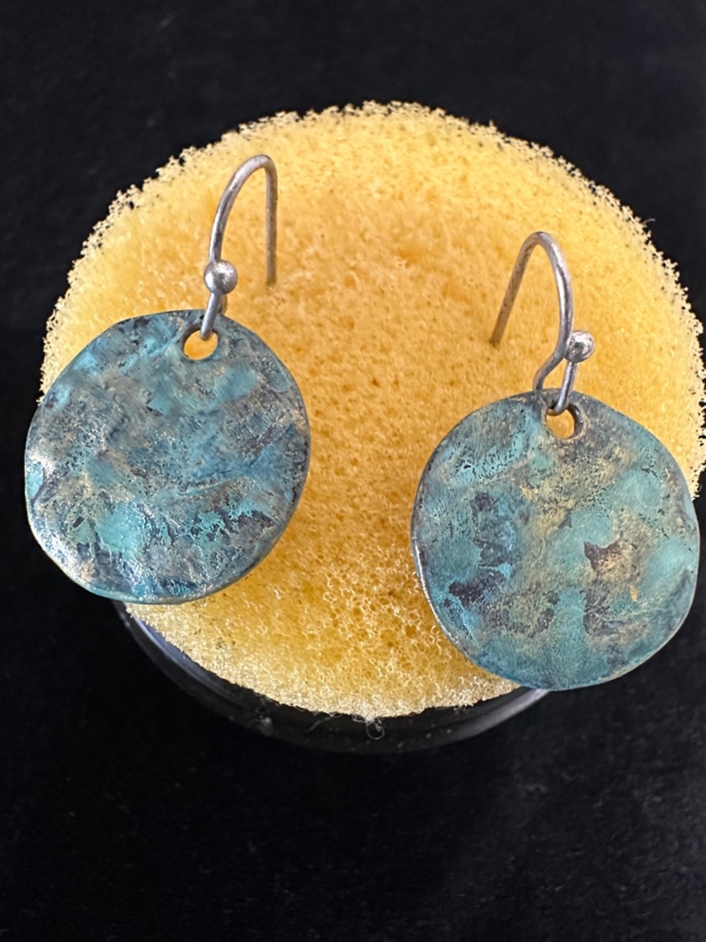 Handmade Patina Disc Earrings - Green-Gold Finish